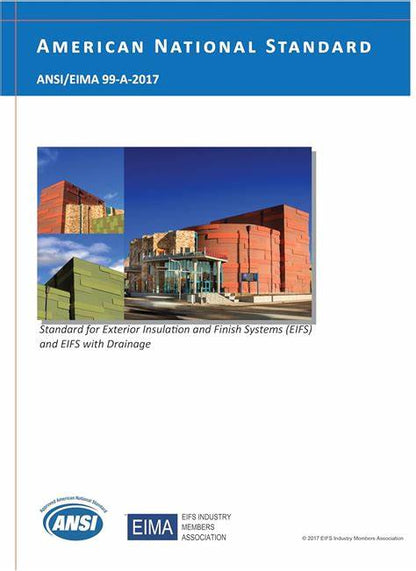 Cover of ANSI/EIMA 99-A-2017 book showing standard for Exterior Insulation and Finish Systems with building facade images