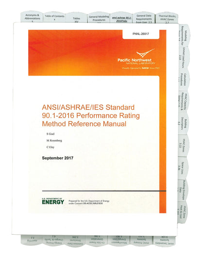 Cover of the ANSI/ASHRAE/IES Standard 90.1-2016 Performance Rating Method Reference Manual with orange and white design and tabs visible