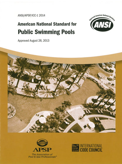 Cover of the ANSI/APSP/ICC-1 2014 standard for public swimming pools with aerial pool and palm tree photo and certification logos visible