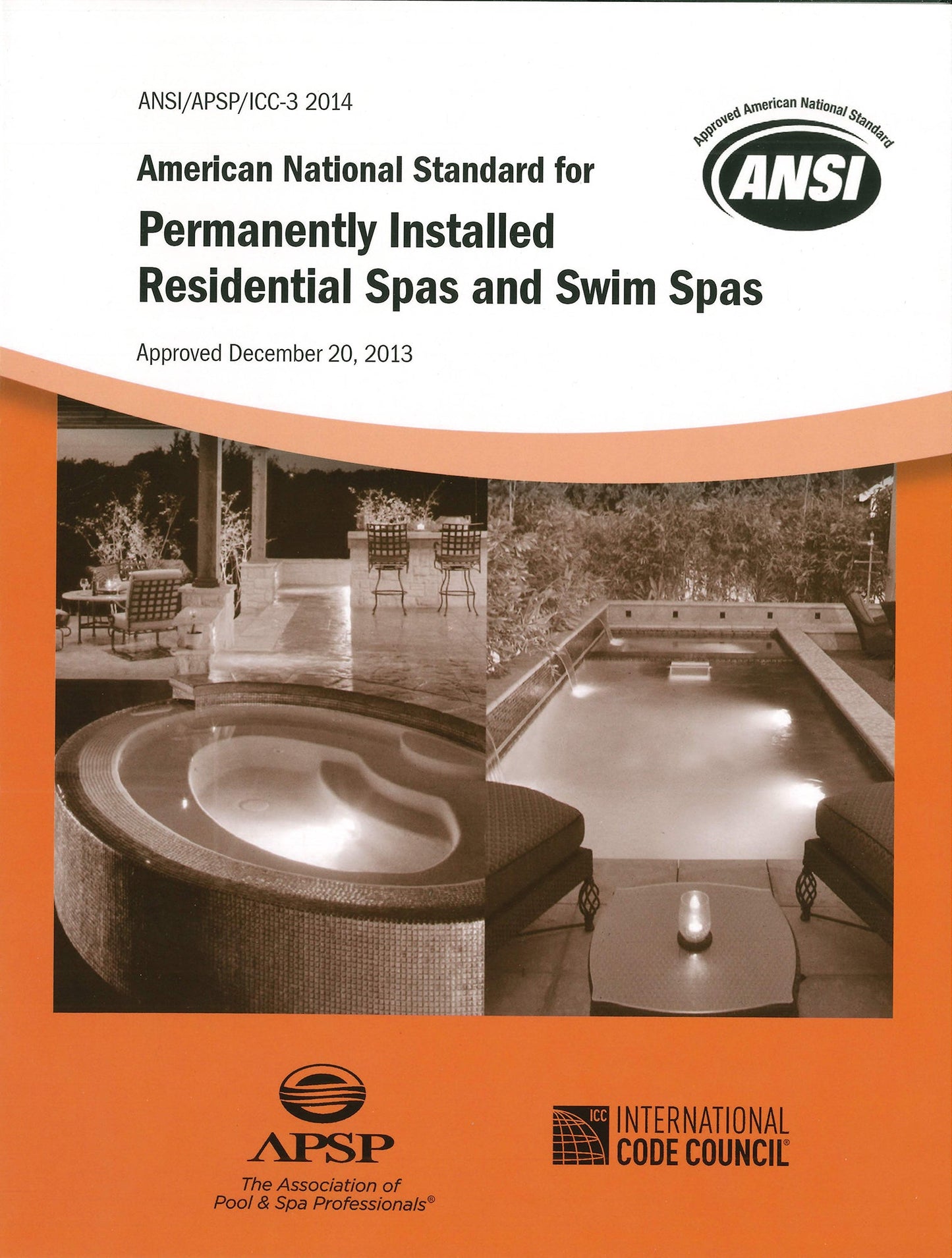 Cover of ANSI 2014 standard for permanently installed residential spas and swim spas with pool images and professional logos