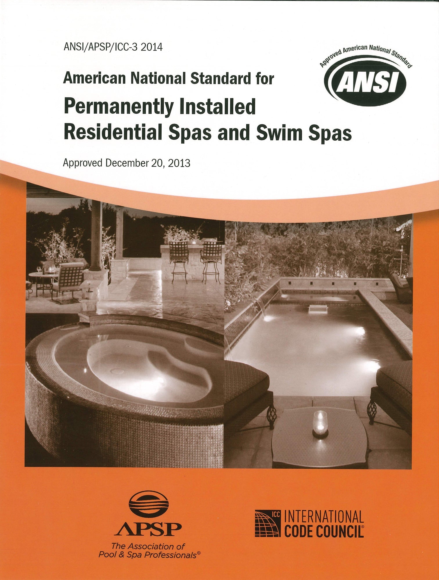 Cover of ANSI 2014 standard for permanently installed residential spas and swim spas with pool images and professional logos