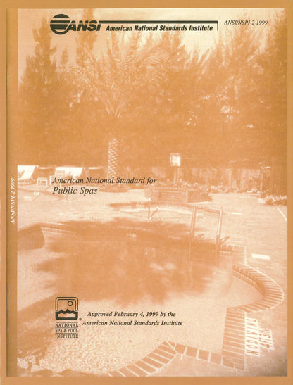 Cover of ANSI 2 1999 standard for public spas showing spa pool and palm trees with official certification logos