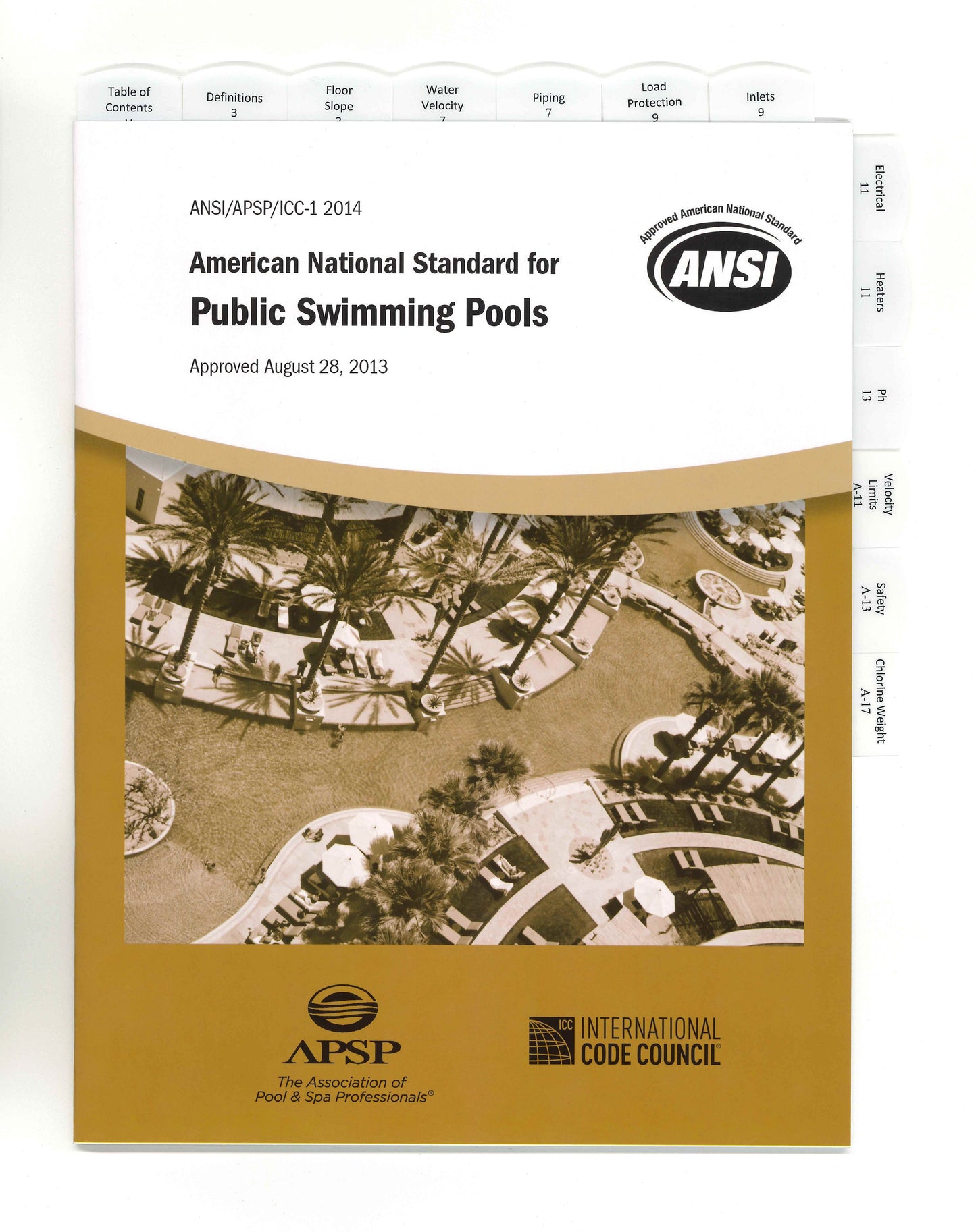 Cover of the ANSI/APSP/ICC-1 2014 standard for public swimming pools showing aerial pool photo and section tabs visible