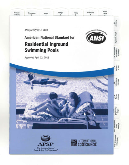 Cover of the ANSI/APSP/ICC-5 2011 standard for residential inground pools with family relaxing poolside and tabbed index visible