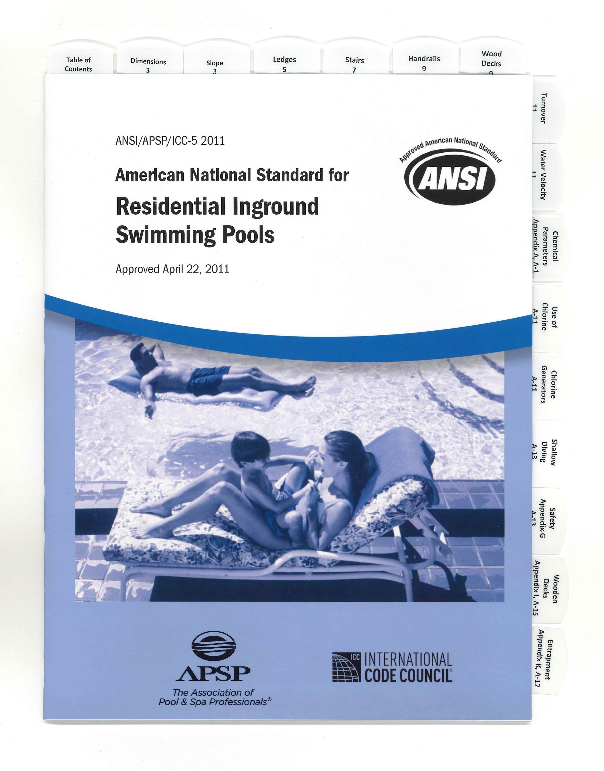 Cover of the ANSI/APSP/ICC-5 2011 standard for residential inground pools with family relaxing poolside and tabbed index visible