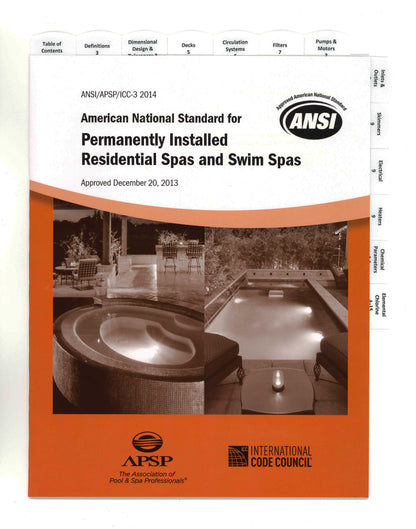 Cover of ANSI 2014 American National Standard for permanently installed residential spas and swim spas with logos and tabbed sections