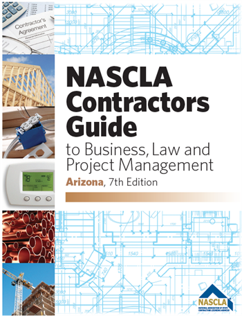 Cover of NASCLA Contractors Guide to Business, Law, and Project Management Arizona 7th Edition with construction images and blueprint background