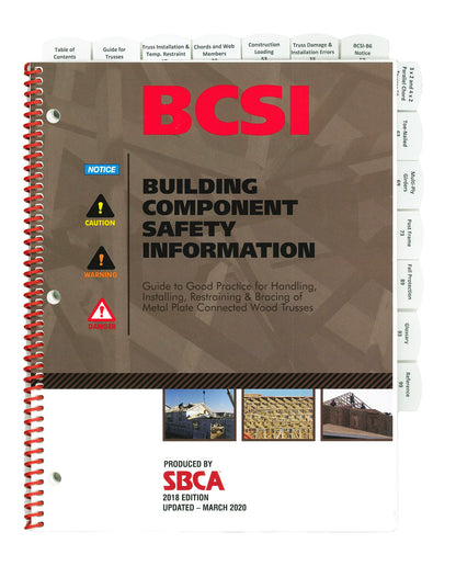 Cover of BCSI 2018 Building Component Safety Information guide updated 2020 with tabs and safety icons on cover