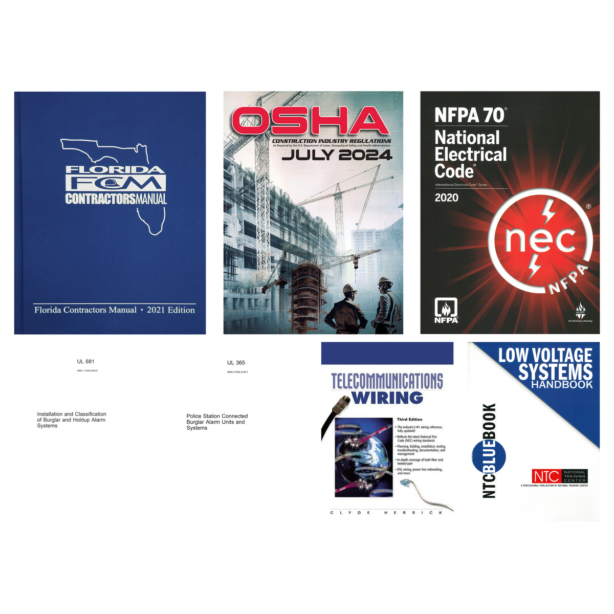 Collection of electrical and alarm systems contractor manuals including Florida, OSHA, NFPA, telecom wiring, and low voltage handbooks