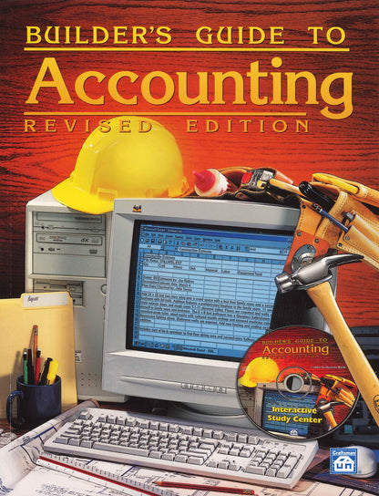 Cover of Builder's Guide to Accounting Revised Edition with computer, hard hat, tools, and study CD on wooden background
