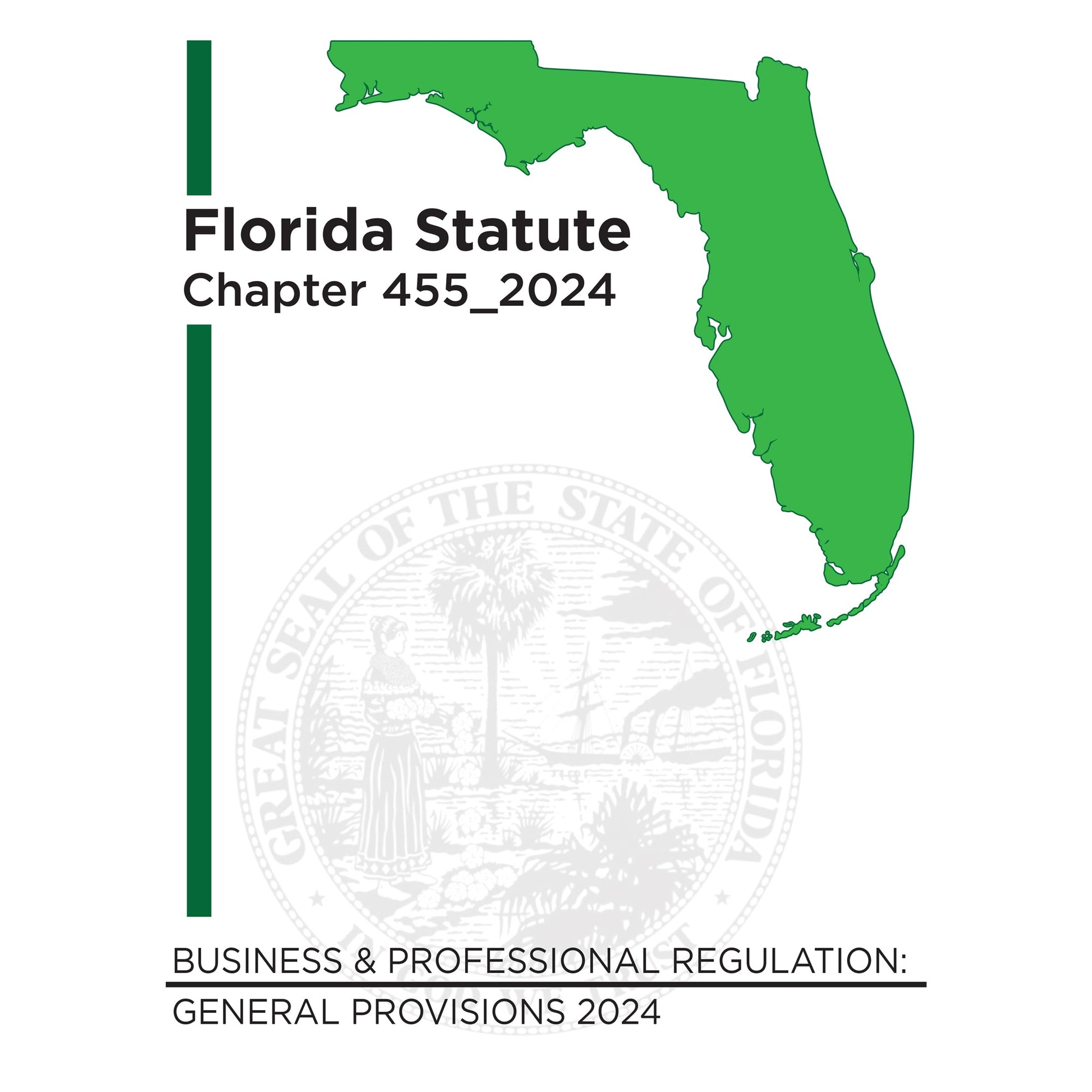 Green silhouette of Florida with text for Florida Statute Chapter 455 general provisions 2024 and state seal background