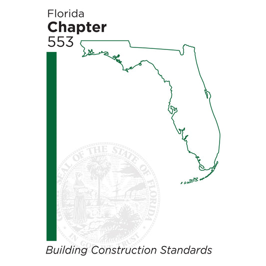 Minimalist outline of Florida in green with text about Chapter 553 building construction standards and faint state seal background
