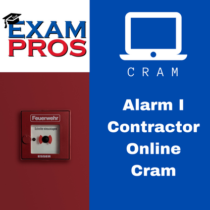 Alarm Systems I Contractor online cram course promotional image with emergency fire alarm pull station and laptop icon