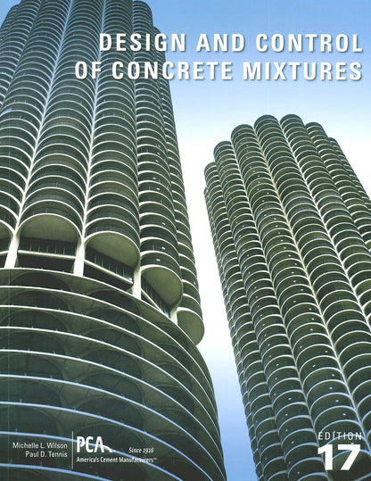 Seventeenth edition book cover titled Design and Control of Concrete Mixtures featuring curved concrete building balconies