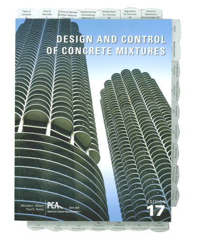 Cover of 17th edition Design and Control of Concrete Mixtures book with Marina City towers and visible tabbed sections