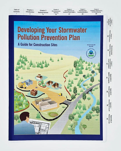 Cover of Developing Your Stormwater Pollution Prevention Plan book with illustrated construction site and surrounding landscape