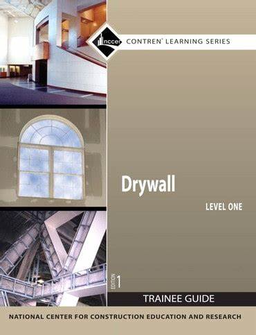 Cover of Drywall Level 1 trainee guide with architectural photos and beige gradient background design