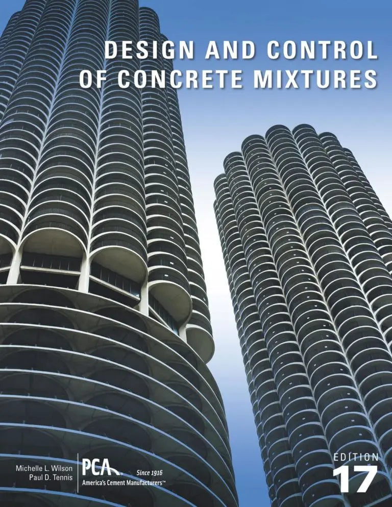 Cover of 17th edition Design and Control of Concrete Mixtures book with Marina City towers against clear blue sky background