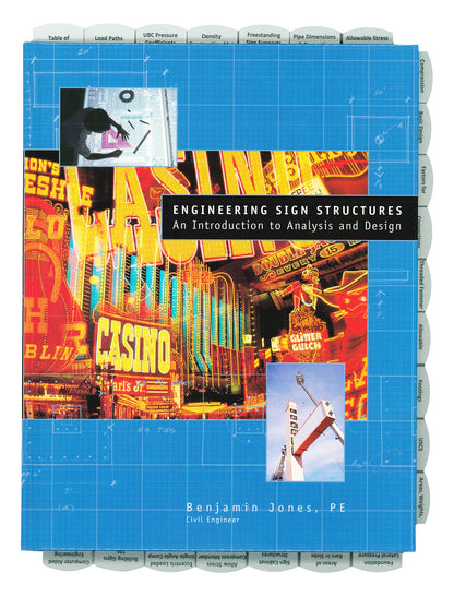 Book cover of Engineering Sign Structures showing blueprint background, illuminated casino signs, and construction images
