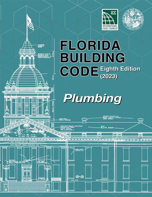 Teal cover of 2023 Florida Building Code Plumbing Eighth Edition featuring architectural line drawing and official seals