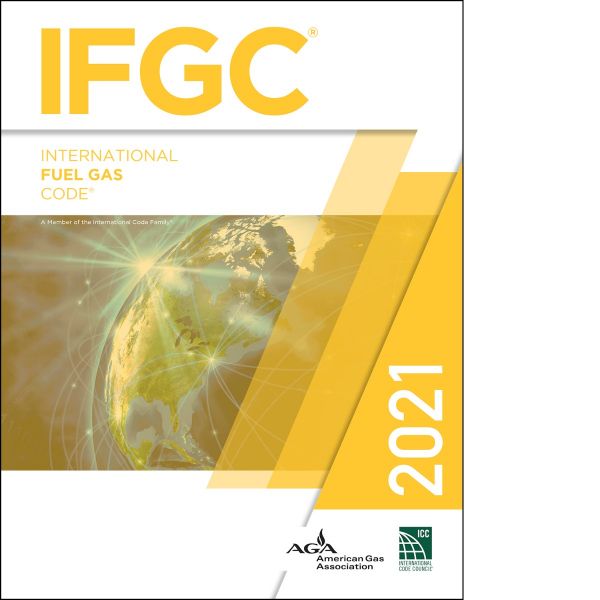 Cover of the 2021 International Fuel Gas Code book with yellow design and globe focused on North America
