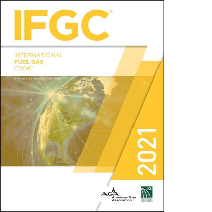 Cover of the 2021 International Fuel Gas Code book with yellow design and globe focused on North America