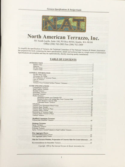 Table of contents page from Terrazzo Specifications and Design Guide 1999 by North American Terrazzo, Inc.