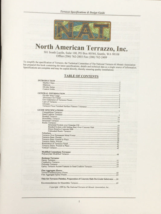 Table of contents page from Terrazzo Specifications and Design Guide 1999 by North American Terrazzo, Inc.