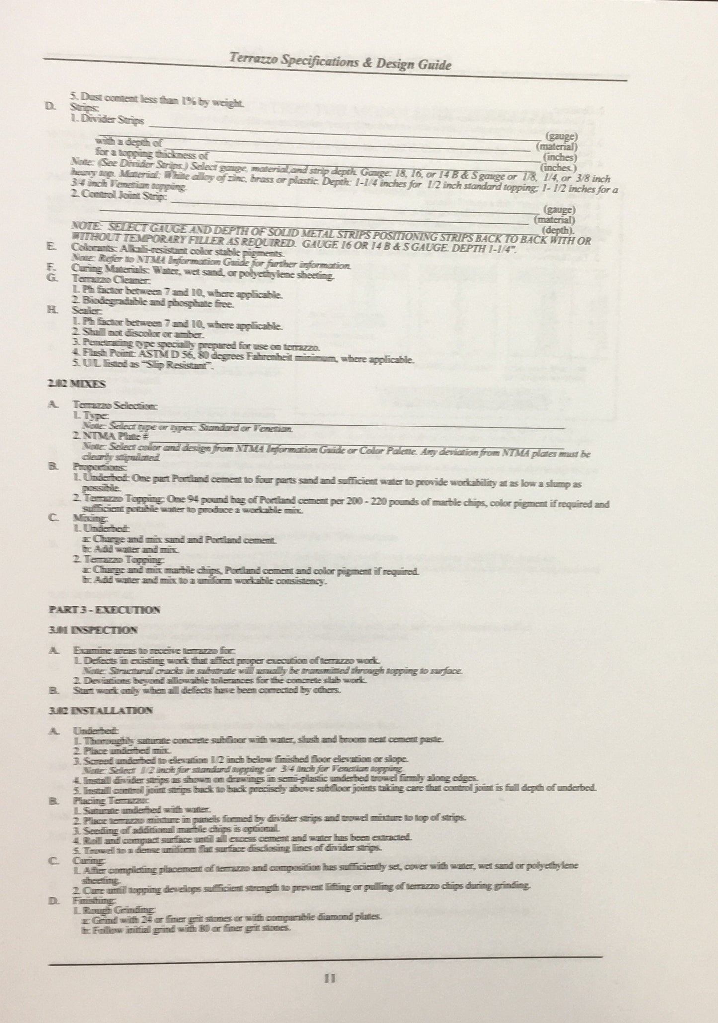 Page from Terrazzo Specifications and Design Guide 1999 outlining mix proportions and installation procedures