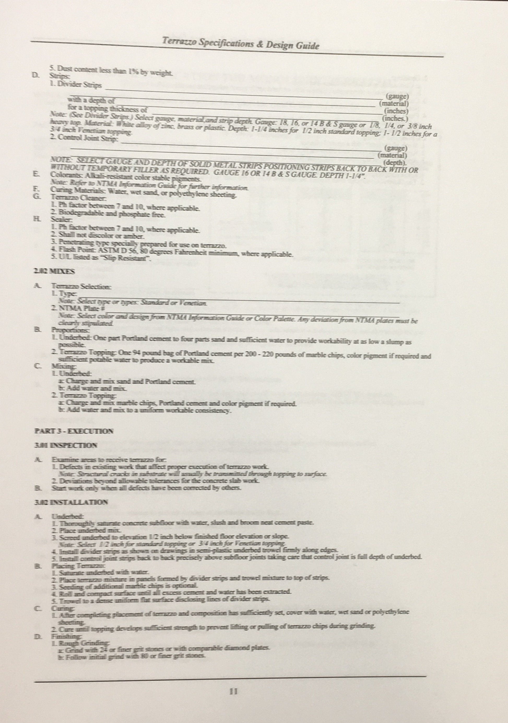 Page from Terrazzo Specifications and Design Guide 1999 outlining mix proportions and installation procedures