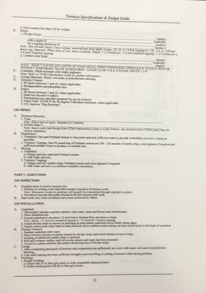 Page from Terrazzo Specifications and Design Guide 1999 outlining mix proportions and installation procedures