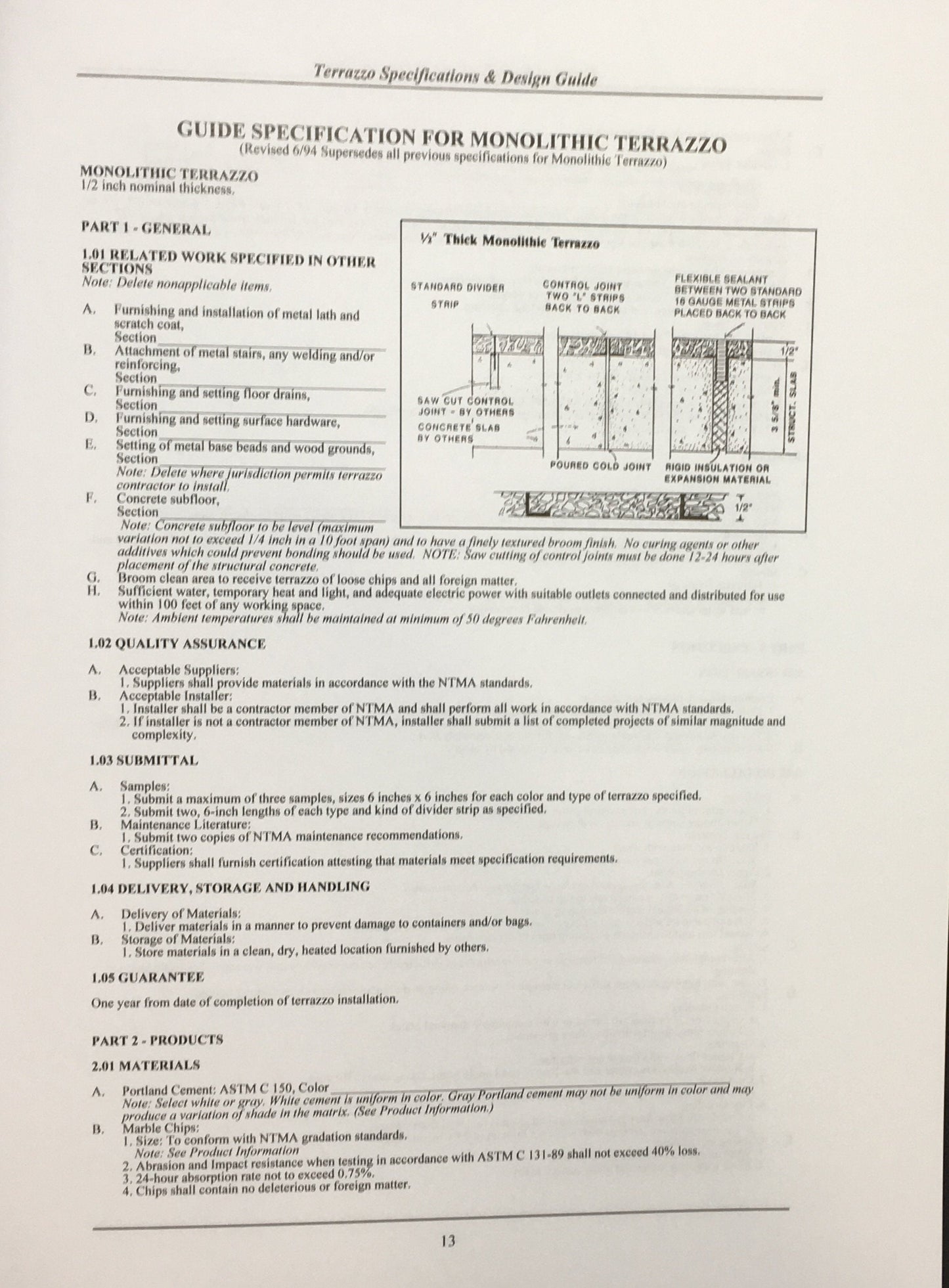 Page from Terrazzo Specifications and Design Guide 1999 detailing monolithic terrazzo specifications and quality assurance