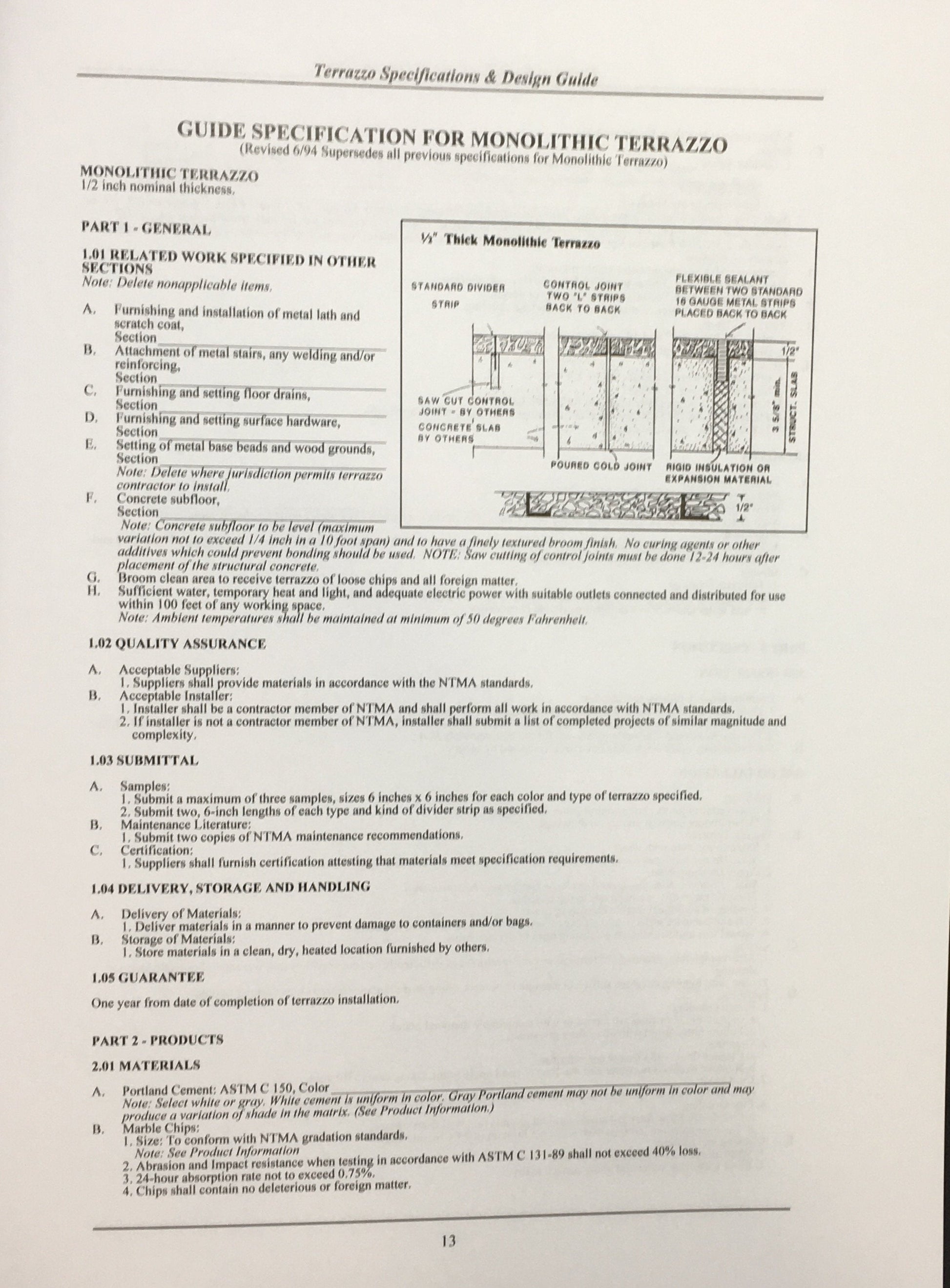 Page from Terrazzo Specifications and Design Guide 1999 detailing monolithic terrazzo specifications and quality assurance