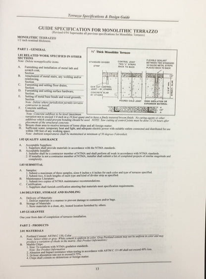 Page from Terrazzo Specifications and Design Guide 1999 detailing monolithic terrazzo specifications and quality assurance