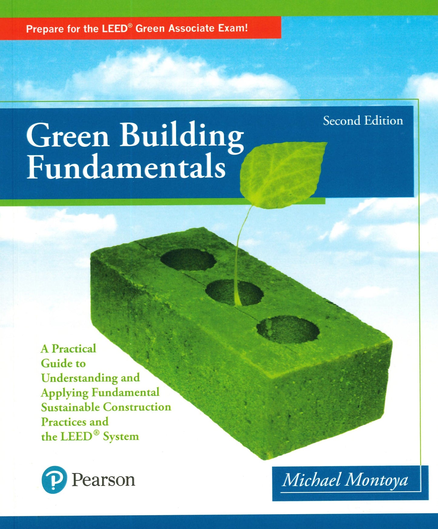 Cover of Green Building Fundamentals 2nd Edition showing a green cinder block with a leaf growing from it on a blue sky background
