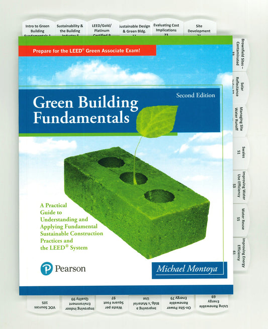 Cover of Green Building Fundamentals 2nd Edition showing a green cinder block with a sprouting leaf on a bright sky background