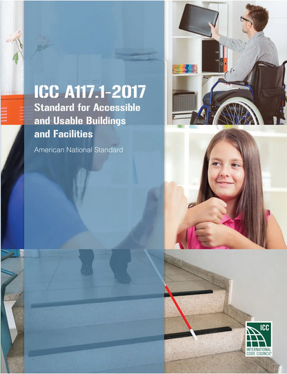 Cover of ICC A117.1-2017 standard showing accessibility images including wheelchair user and braille signage with ICC logo