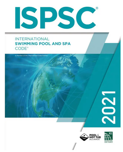 Cover of 2021 International Swimming Pool and Spa Code book with earth graphic and code council logos on white background