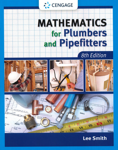 Cover of Mathematics for Plumbers and Pipefitters 8th Edition book featuring plumbing tools and construction images