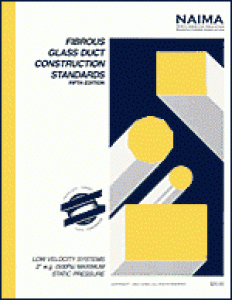Cover of Fibrous Glass Duct Construction Standards Fifth Edition 2002 by NAIMA with performance and insulation guidelines illustration