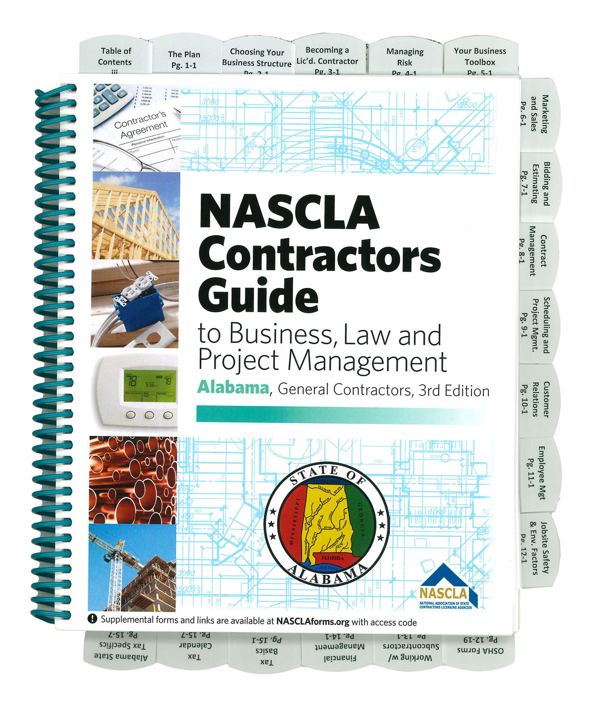 Spiral-bound Alabama NASCLA Contractors Guide 3rd Edition with state seal and construction images on cover