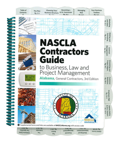 Spiral-bound Alabama NASCLA Contractors Guide 3rd Edition with state seal and construction images on cover