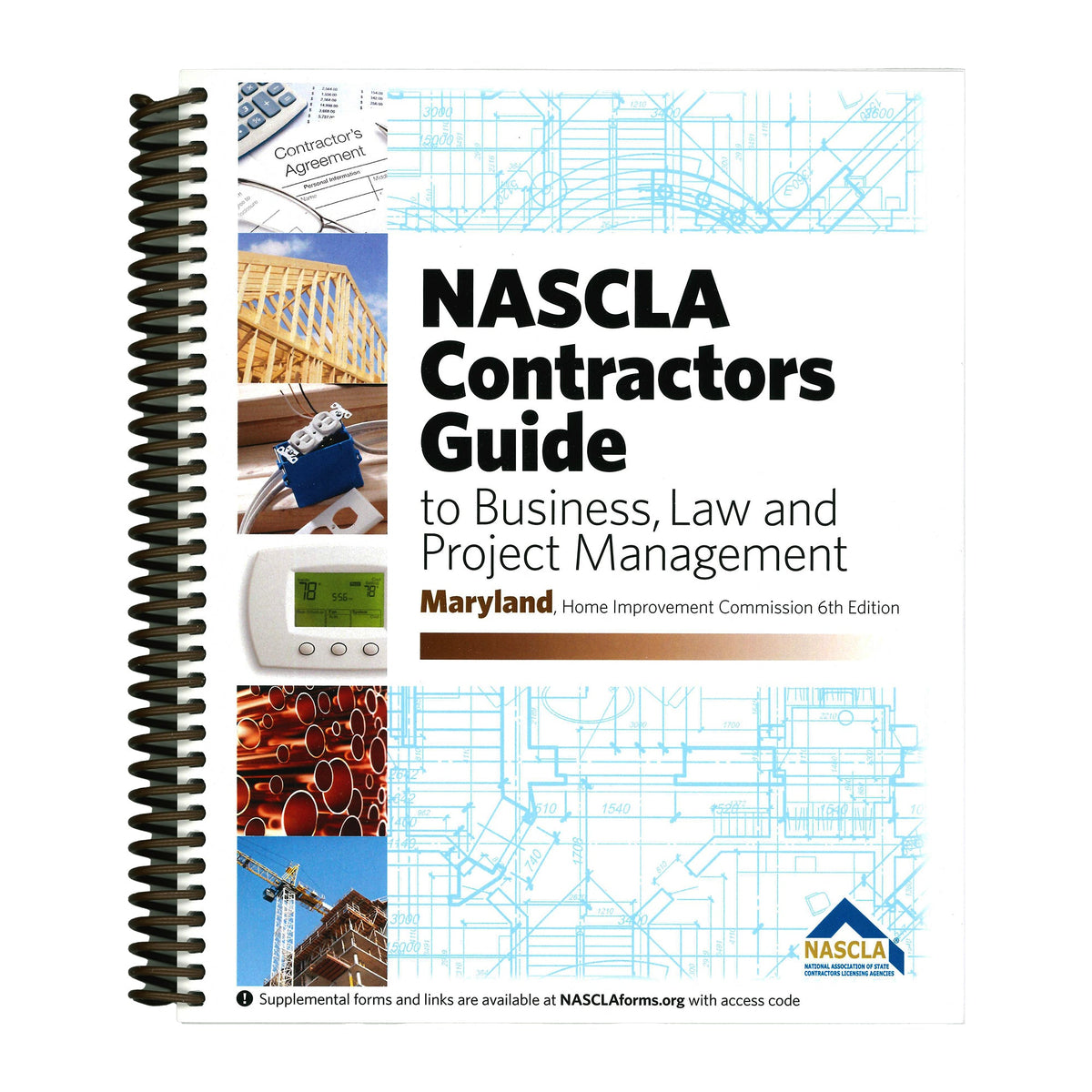 Cover of Maryland NASCLA Contractors Guide to Business, Law and Project Management 6th Edition with construction and blueprint images