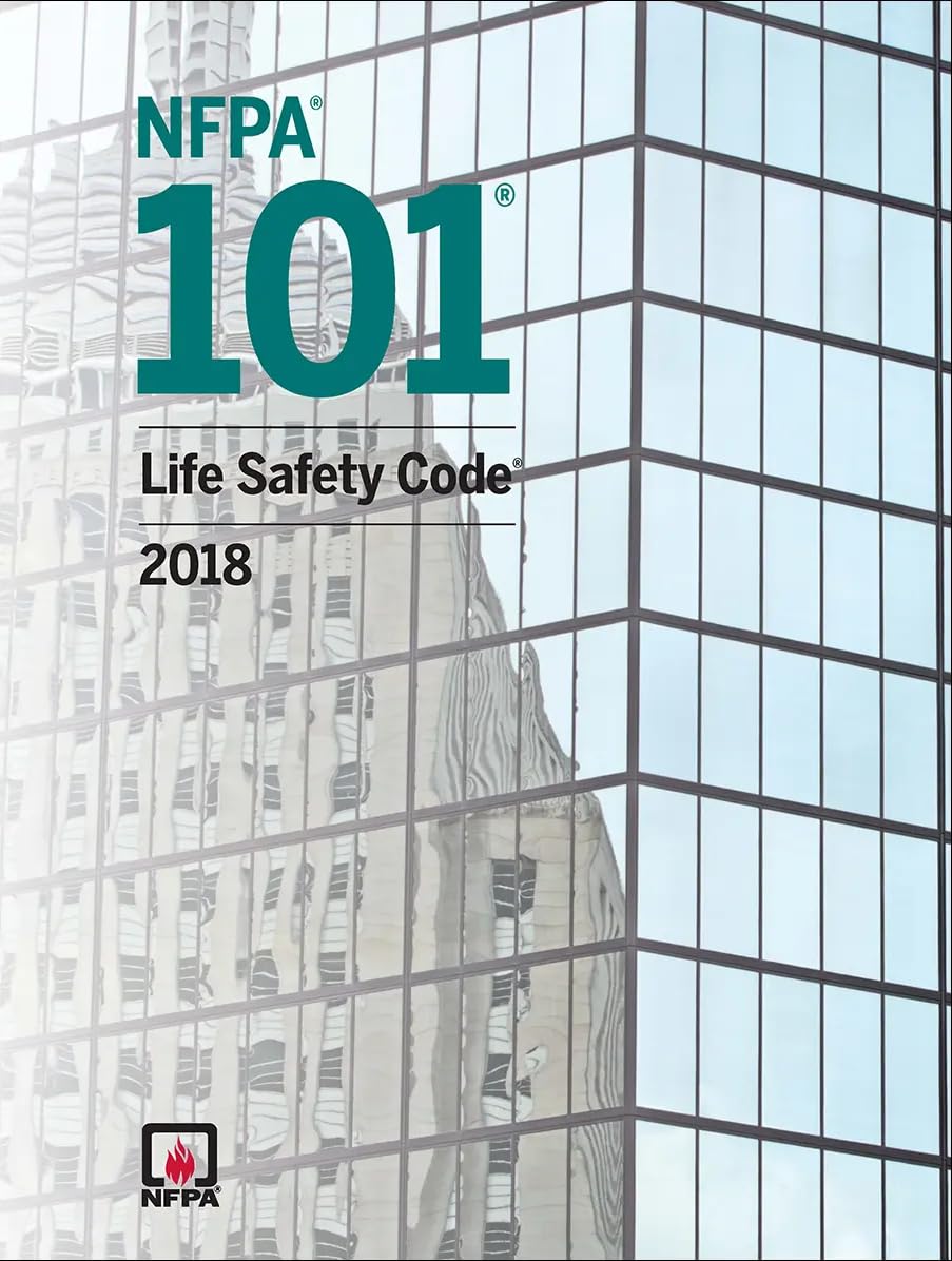 2018 NFPA 101 Life Safety Code book cover with glass building facade reflection for fire safety standards