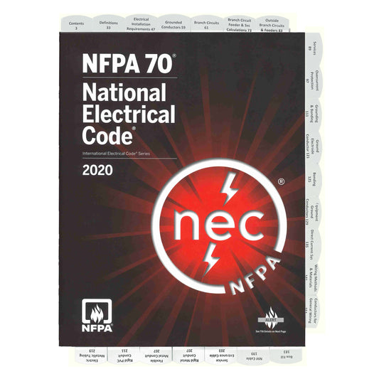 2020 edition of NFPA 70 National Electrical Code book with red gradient cover and highlighted NEC logo