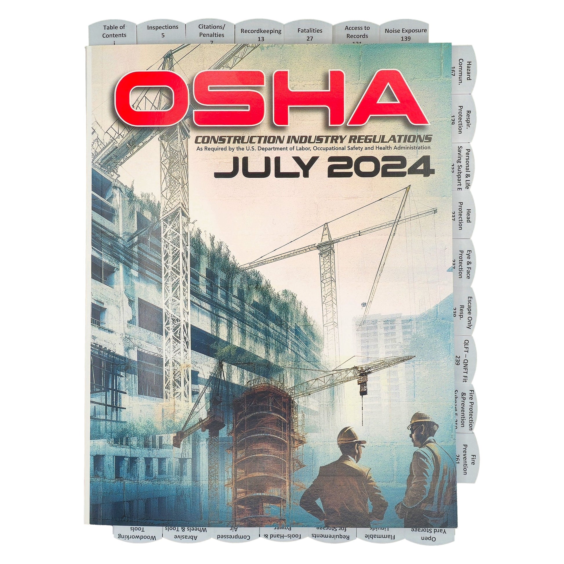 Cover of OSHA 1926 Construction Industry Regulations July 2024 edition with crane and workers at building site