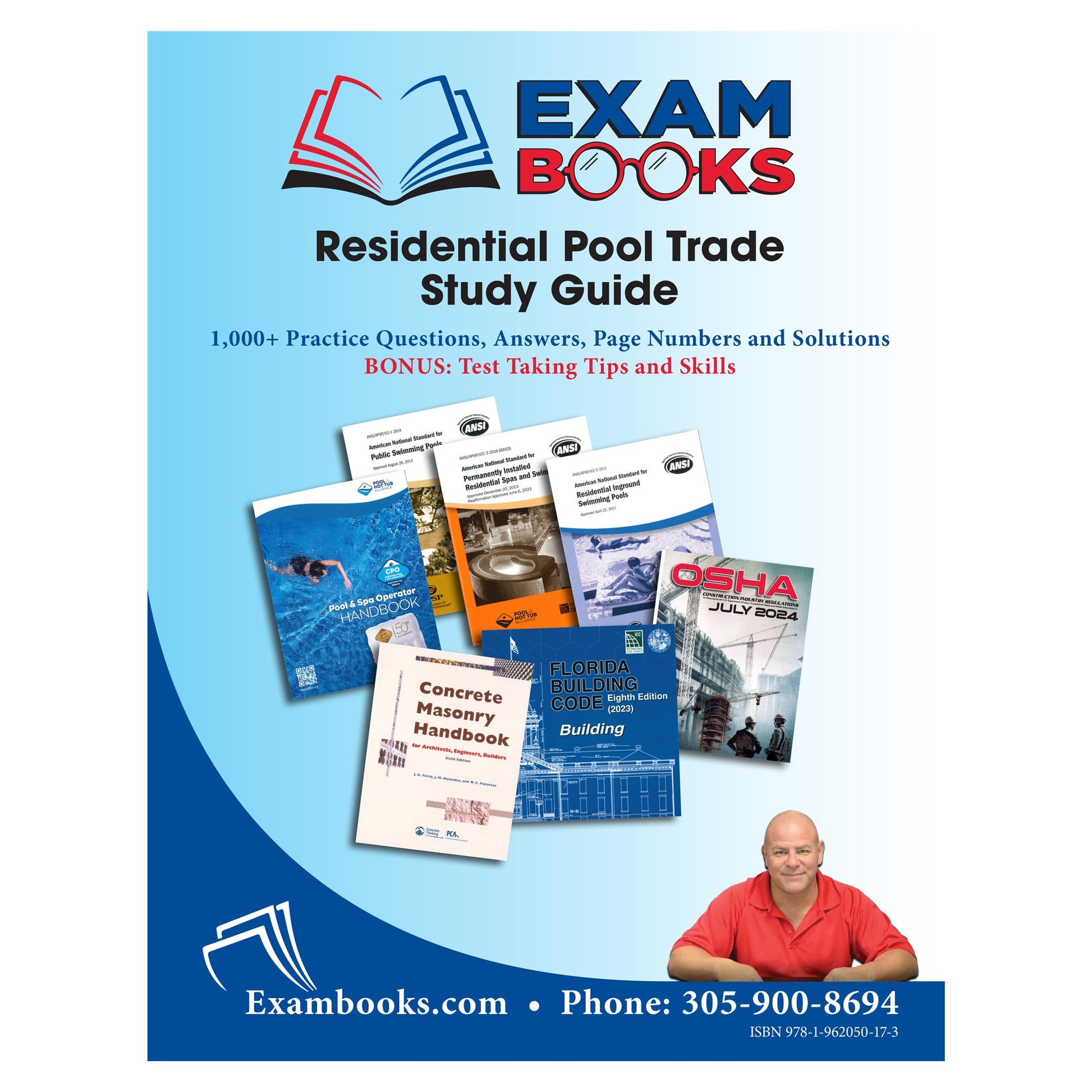 Cover of Residential Pool Trade Study Guide with reference books, 1,000+ practice questions, answers, and man in red shirt