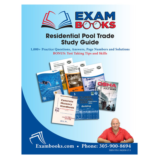 Cover of Residential Pool Trade Study Guide with reference books, 1,000+ practice questions, answers, and man in red shirt