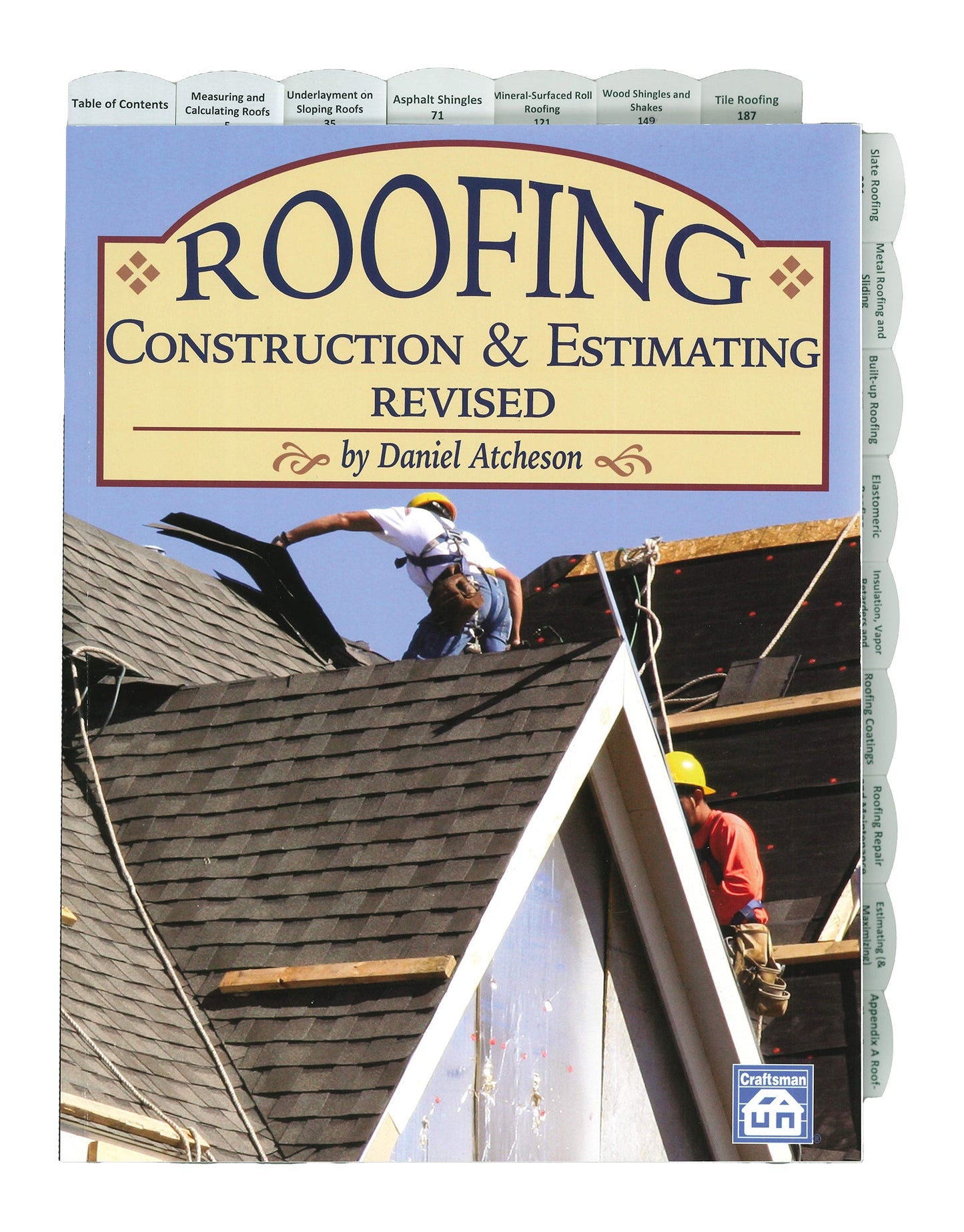 Book cover showing construction workers installing shingles on a residential roof under a clear sky