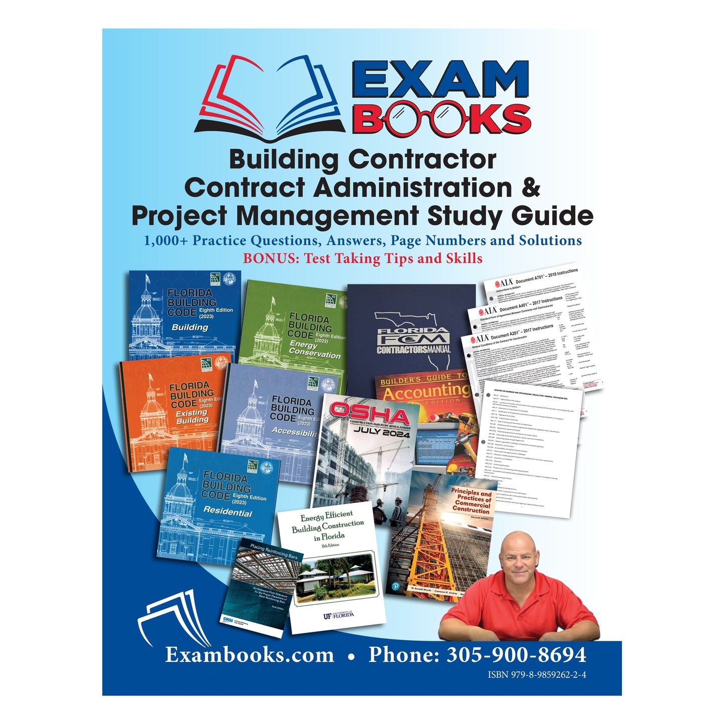 Cover of Building Contractor Contract Admin & Project Management Study Guide with practice questions, reference books, and final exam pages